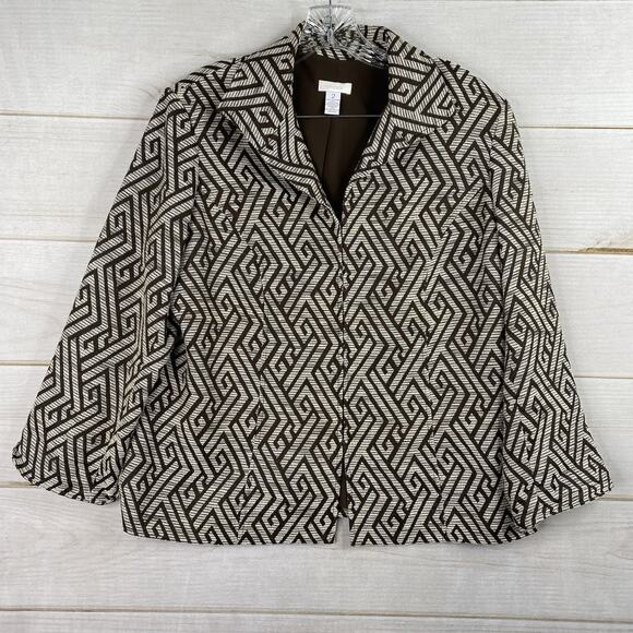 Chico's Jacket Sz 2 Womens L Brown Geometric Print Textured Lined Career Blazer - Picture 1 of 11